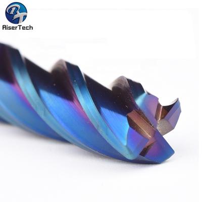 China Cutting stainless steel blue coated/coating nano four flute steel end mill and milling tools carbide hrc65 for metal cutting for sale