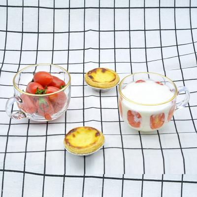 China KOREAN glass mug with gold rim, breakfast cup for oats with handle for sale