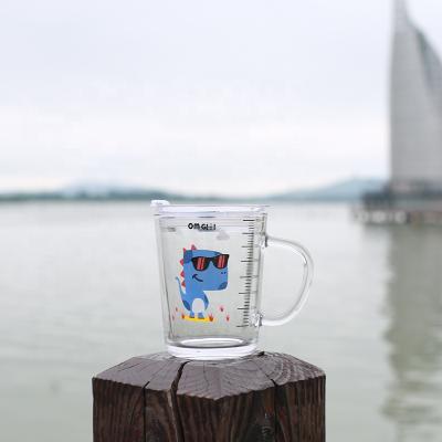 China Creative Children's Breakfast Milk Cartoon Glass Cup Stocked With Straw Scale Glass Cup With Handle Printed Strip for sale