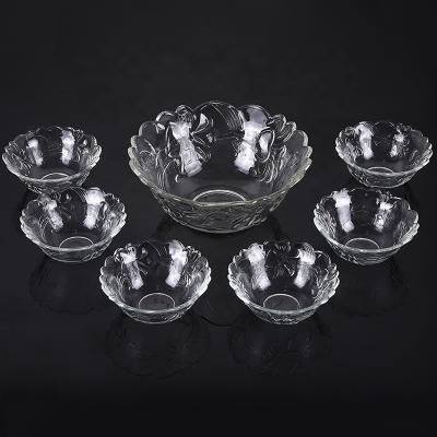 China Viable unique design round clear glass bowl sets with embossed flower for sale