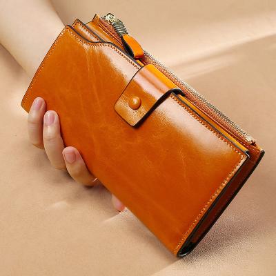 China 2021 New Arrival Fashion Wallet Oil Wax Long Whip RFID Women Pinch Woman Genuine Leather for sale