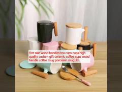 Hot sale wood handles tea cups cups high quality custom gift ceramic coffee cups wood handle 