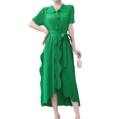 China Wholesale 2023 new anti-static high-end loose clothing women dress elegant casual wear turn-down collar woman pleated dresses for sale