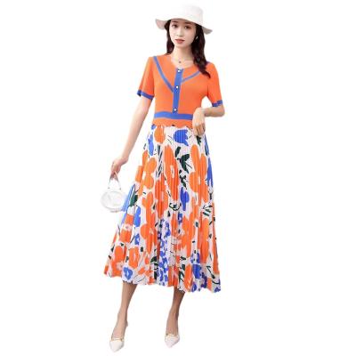 China 2023 Anti-Static New Fashion Summer Dress High-end Prom Dresses Elegant Casual Flower Printed Pleated Dresses for sale