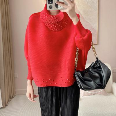 China Spring and autumn women's loose clothing QUICK DRY batwing turtle neck beaded blouse draped neck top women's oversized T-shirt for sale