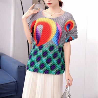 China 2023 Summer Crew Neck QUICK DRY T-shirt For Women Elegant Batwing Sleeve Pattern Brand Pleated Graphic Over Sized Tees For Women for sale