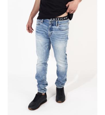 China Cotton Breathable Jeans Pants Mid Waist Washed Solid Blue Mens Slim Fit Jeans Stacked Jeans Men for sale