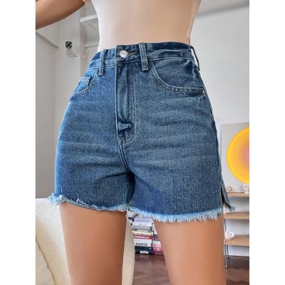 China Breathable Blue Mid Slit On The Waist Side Raw Edge High Waist Short Women Ladies Mini Shorts Jeans for sale