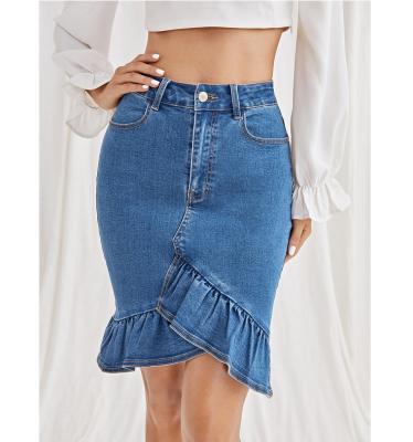 China Breathable Denim Fabric Snow Wash Wrap Jean Skirt Women Knee-Length Rruffles Hip Ladies Denim Skirt for sale