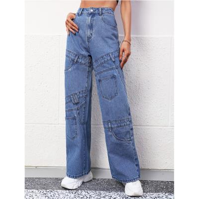 China Lady Pants Mid-Blue Straight Fit QUICK DRY High-Waisted Fabric Stitching Wide Leg Jeans for sale