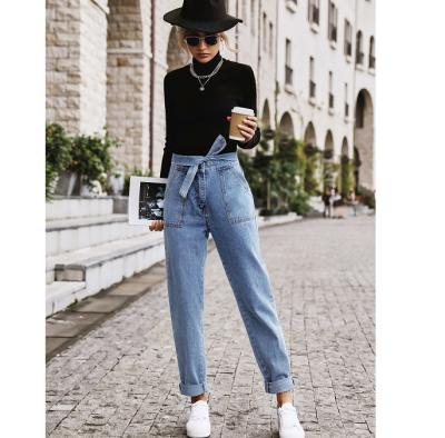 China Non-High Stretch QUICK DRY Front Patch Pocket Waisted And Folding Lower Waistband Lady Denim Jeans Reflexed for sale