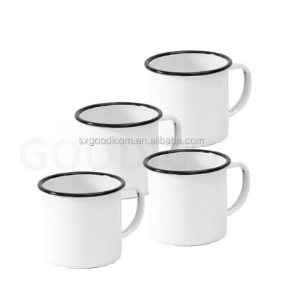 China Sustainable Simple White Enamel Mug With Black Rim Enamel Utensils Coffee Mugs for sale