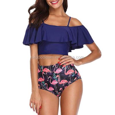 China Women Anti-UV Off The Shoulder Ruffle Swimsuit Swimwear Two Piece High Waisted Ruffle Bikini Set for sale