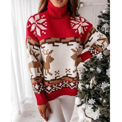 China Anti-wrinkle QJ Women Fashion High Neck Christmas Pattern Ladies Winter Long Sleeve Thermal Knitting Sweater for sale