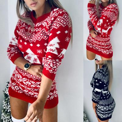 China Anti-wrinkle Autumn Ladies Christmas Snowflake Pattern Knit Soft Sweater Sweater Long Sleeve Dress For Women for sale