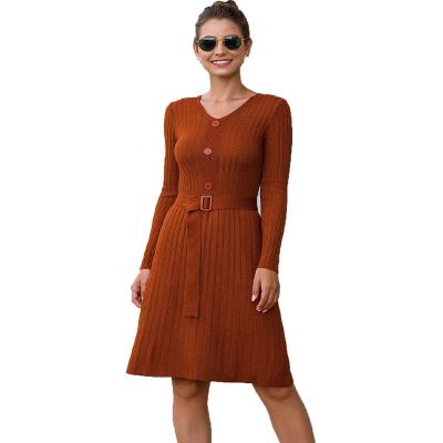 China Qingjiao QUICK DRY Wholesale Women's Knitting Midi Dresses Bright Red Colors Casual Long Sleeve Slim Skirt For Female Dress for sale