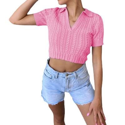 China Wholesale Anti-wrinkle Qingjiao Summer And Autumn Women Short Crop Top Sexy Deep V-Neckline Knitted Wheat Ears Pattern Sweater Tops for sale