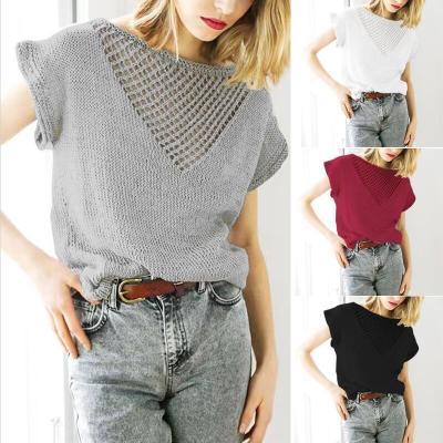 China New Summer Waffle Plaid Deep V-Neck Backless Anti-Wrinkle Sexy Vest Knitted T-shirt Solid Top Lace Up Women's Sleeveless T-shirt for sale