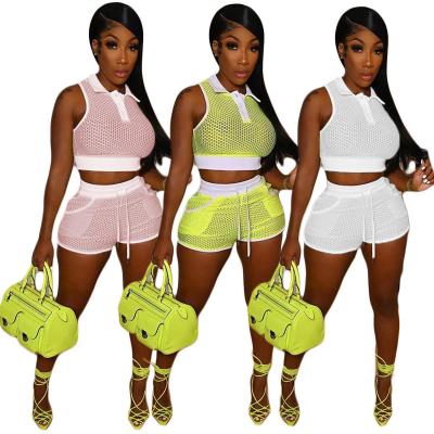 China Qingjiao Women's QUICK DRY Summer Sets Short 2022 Hollow Grid Jogger Set 2 Pcs Two Piece Tracksuit Outfits for sale