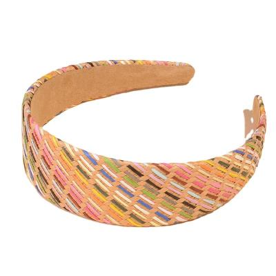 China Fashion Women Wide Brimmed Non-slip Fashion Braid Hairband Colorful Raffia Headband for sale