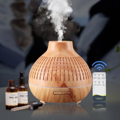 China Electric Ultrasonic Remote Control Cool Aroma Diffuser Wood Grain Remote Control OEM Factory Mist Jet Gasoline Oil Diffuser for sale