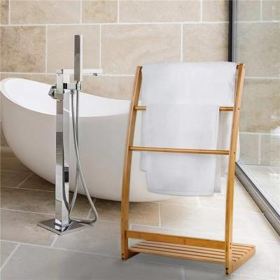 China Sustainable 3 Tier Floorstanding Bathroom Shower Bath Towel Rack Bamboo Wooden Rack for sale