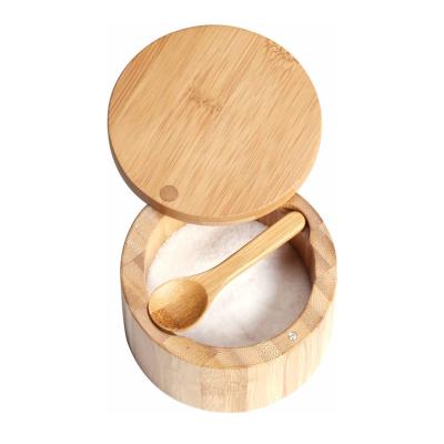 China Best Selling Sustainable Kitchenware Amazon Wooden Salt Box Round Bamboo Salt Cellar for sale