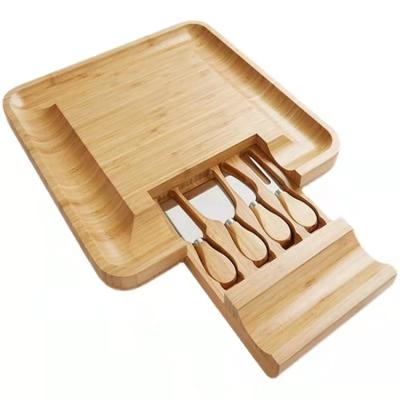 China Factory Price Stocked Natural Bamboo Kitchenware Cutting Plates Cheese Board Knife Set for sale