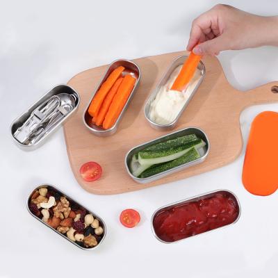 China 304 Stainless Steel Leak Proof Sauce Container Viable Oval Rectangular Silicone Orange Lid Mini Camping Snack Storage Box for sale