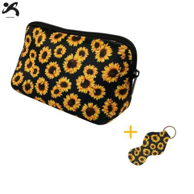 China Fashion Sunflower Cosmetic Bag Neoprene Zipper Travel Waterproof Makeup Case With Lip Balm Holder Key Chain for sale