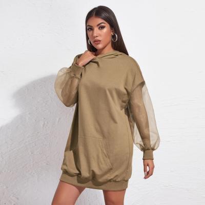 China Anti-Wrinkle Wholesale OEM Plain Blank Long Solid Hoodies Oversized Women Contrast Mesh Sleeve Kangaroo Hoodie for sale