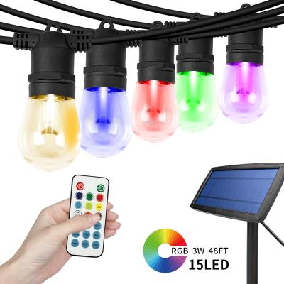 China Led String Light New Developed Remote Control Color Changing 48FT 3W 15pcs Led Bulbs RGB Solar String Light for sale