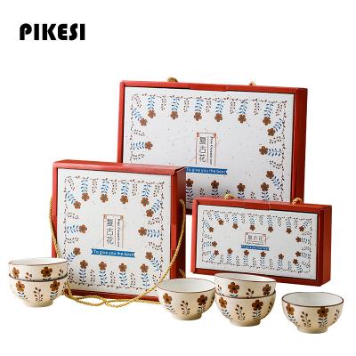 China Viable Wholesale Popular Vintage Flower Porcelain Ceramic Rice Bowl Gift Set Logo Customization Ceramic Bowl Set for sale