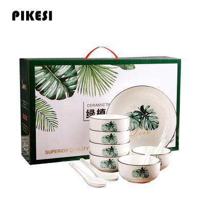 China Wholesale Viable Nordic Green Plants Grow Leaves Porcelain Tableware Round Dish Logo Customization Gift Sets Ceramic Dinnerware Set for sale