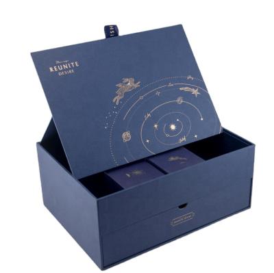 China Custom Design Hot Stamping Logo Drawer Gift Box Printed Mooncake Packaging Blue Special Eco-friendly Design Double Platform for sale