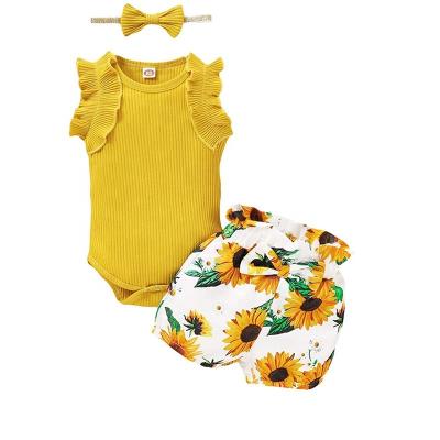 China 2021 Anti-Shrink New Baby Refresh Toddler Sets Romper Bell Bottom Headband Infant Clothing for sale