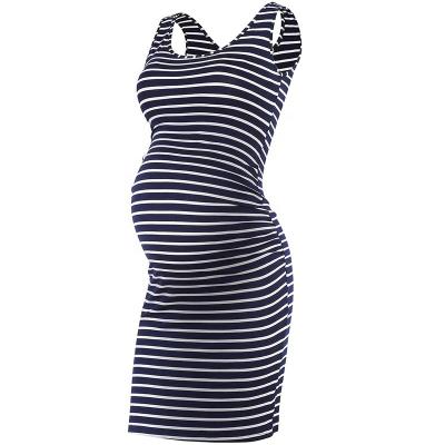 China Summer 2021 OEM Women Breathable Sustainable Recycled Striped Maternity Side Ruched Tank Sleeveless Maxi Dress Pregancy for sale