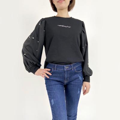 China Anti-pilling Women Tops Fashionable Soft Fabric Crewneck Puff Sleeves With Pearls Sweatshirt Melanin Sweatshirt for sale