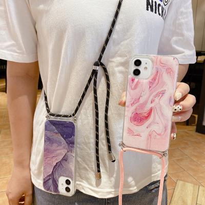 China Fashion Gilt Marble Lanyard Phone Case Shockproof Cross - Body Necklace Holder TPU Phone Case For iPhone 13 12 11 pro XR Max XS 7 8 plus for sale