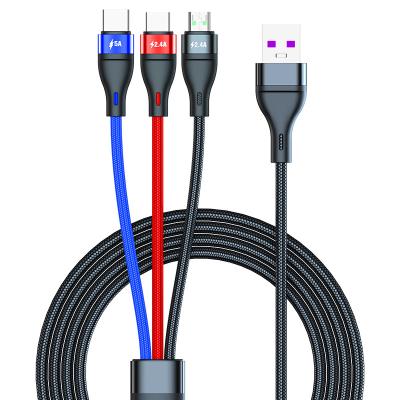 China Braided Type C 3in1 USB Cable Super Fast 5A VOOC Nylon Cable Charging Mobile Micro USB Cable 3 in 1 USB Charging Cable For iPhone for sale