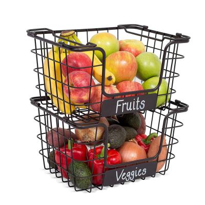 China Sustainable Baskets Chalk Label Fruit Vegetable 3 Tiers Iron Metal Wire Fruit Potato Storage Black Wall Mounted Basket for sale