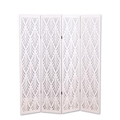 China Eco-friendly 4Panels White Cut Out Retractable Wood Room Divider Room Divider Screen for sale