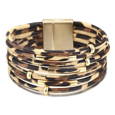 China Environmental Friendly Multilayer Leather Wrap Bracelet Clasp Cuff Bangle Jewelry Leopard Magnetic Bracelet For Women for sale