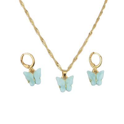 China Fashion Jewelry Wholesale Cute Colorful Acrylic Gold Plated Butterfly Necklace Earrings Set Butterfly Jewelry Pendant Set for sale