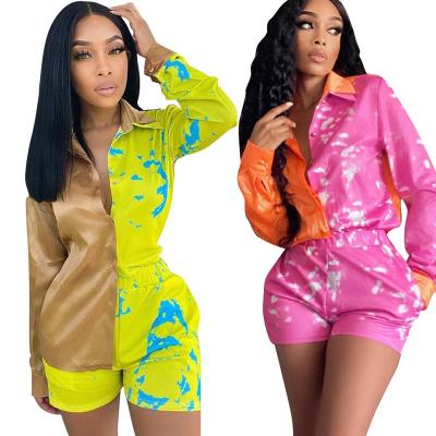 China Breathable High Quality Shirt And Shorts Women Set Fashion Stitching 2 Piece Shirt Set Tie Dye Paint Set for sale