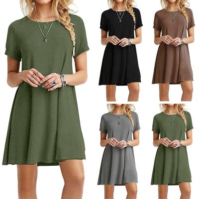 China New women's breathable clothing one line casual dresses high quality short sleeve solid color mini dress for sale