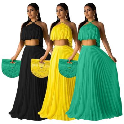 China Breathable High Quality Two Piece Set Women Dress Solid Chiffon Halter Maxi Plus Size Two Piece Skirt Set for sale