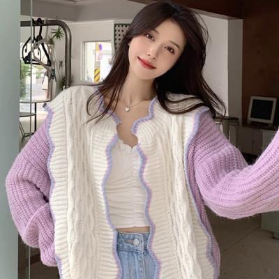 China Anti-wrinkle 2021Autumn and winter color new stitching knitted soft sweet knitted cardigan niche design Korean style tracksuit sweater women for sale