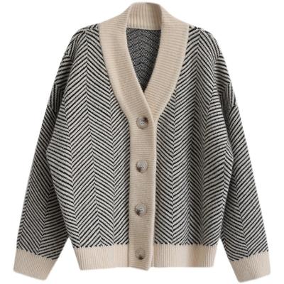 China Anti-wrinkle 2021Autumn Vintage Knitted Cardigan For Women Striped Loose Style Extra Thick Coarse Yarn All-matching Outer Wear Sweater for sale