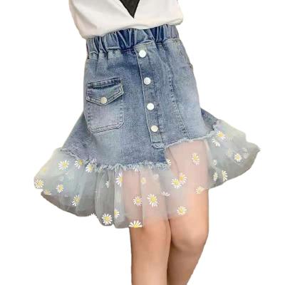 China QUICK DRY Girls Clothes Short Denim Blue Skirt Casual Kids Jeans Skirt For Teenagers Flower Mesh Kids Clothing 2021 Summer for sale